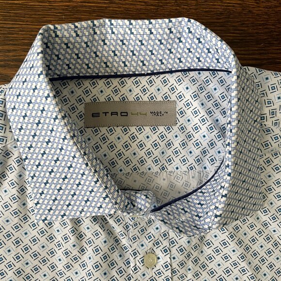 Etro long-sleeve button-up Cotton shirt White with Blue Squares-Sz. 44-XL - Picture 2 of 15